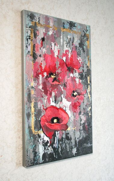 Original acrylic flower painting red poppies close-up detail