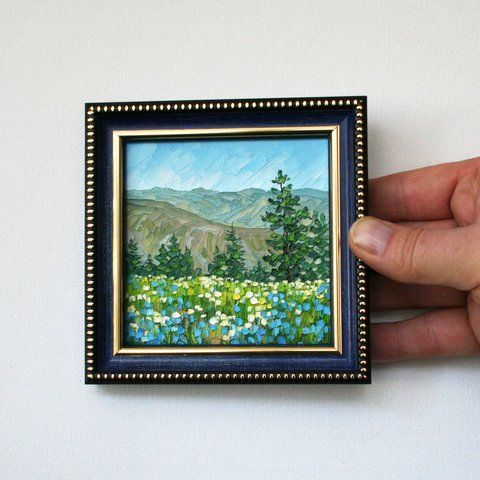 Original 4x4 Hells Canyon mini oil painting, wildflower mountain landscape, impasto palette knife art