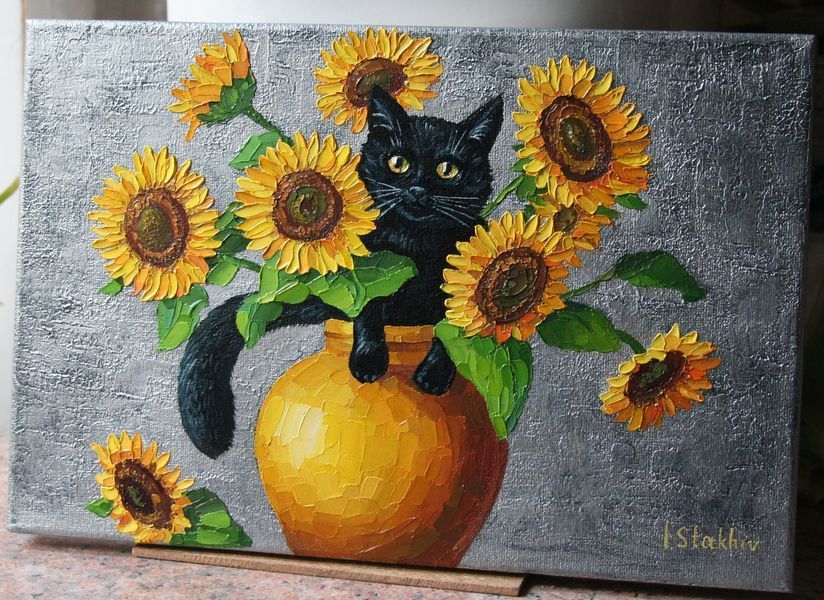 Sunflowers and Black Cat Painting: Impasto Palette Knife Art