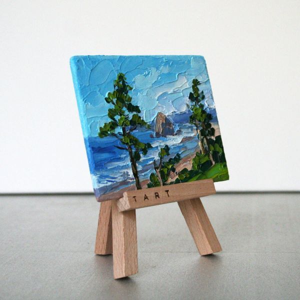 Cannon Beach Oregon original art on easel, impasto palette knife mini painting side view