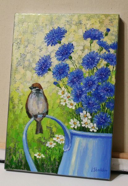 Sparrow and Cornflowers Oil Painting 8x12", Textured Blue Wildflowers and Bird Impasto Canvas Art