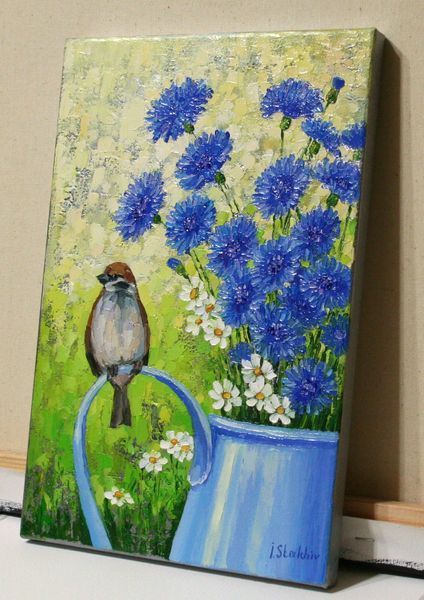 Sparrow and Cornflowers Oil Painting 8x12", Textured Blue Wildflowers and Bird Impasto Canvas Art
