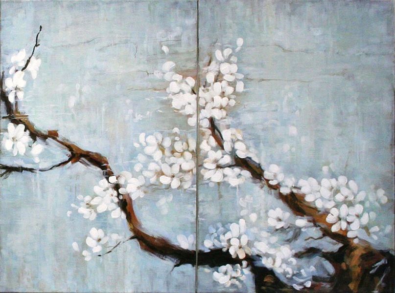 Original hand painted cherry blossom canvas set, abstract floral wall art above bed decor