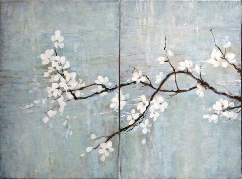 Abstract cherry blossom painting set bedroom, original oil on canvas by Iryna Stakhiv gallery wall