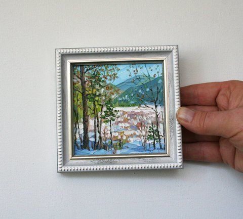 Original framed mini oil painting winter morning landscape