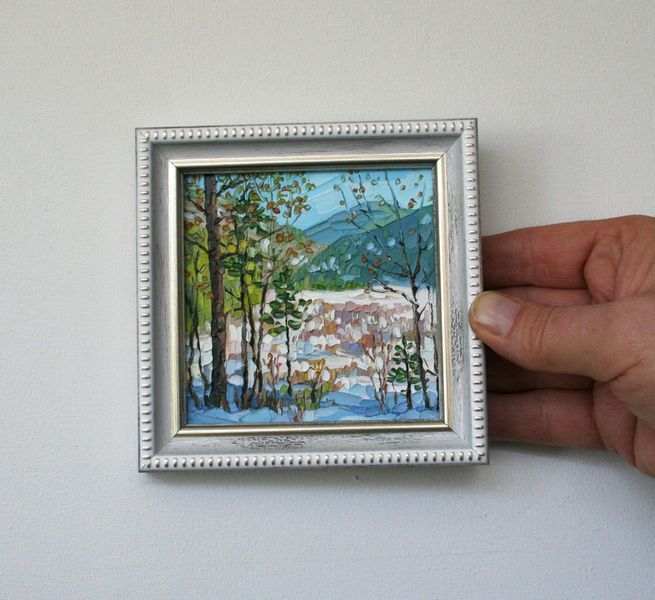 Framed Original Mini Oil Painting of Winter Morning, Palette Knife Impasto Art