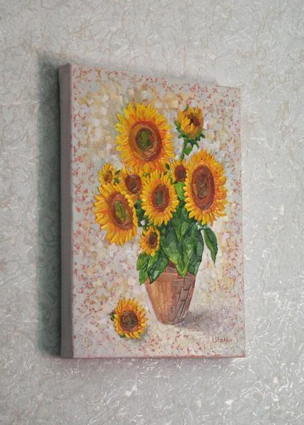 Side view of original sunflower painting on canvas, gallery wrapped, ready to hang
