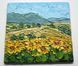 Close-up of impasto texture on Sunflower Field mini painting, bold palette knife strokes