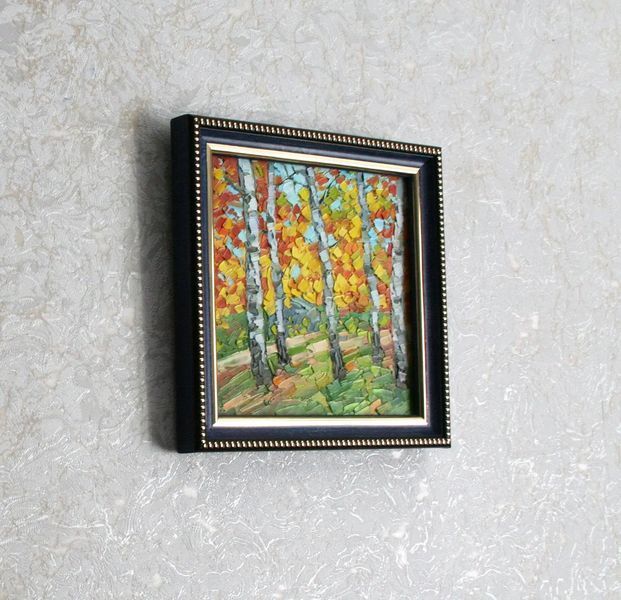 Small framed art &mdash; birch forest autumn landscape mini oil painting by Iryna Stakhiv