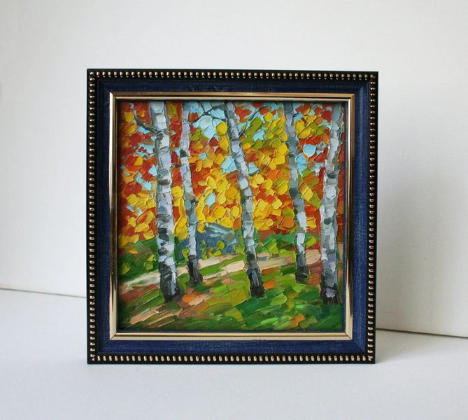 Original birch tree painting in frame, New England autumn, mini oil painting 6x6