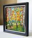 Side view of framed mini landscape painting, birch trees fall foliage, oil on panel