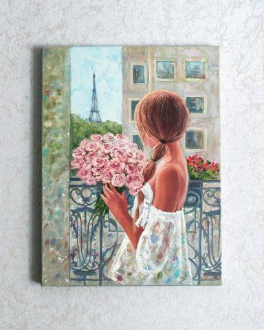 Painting of a woman holding pink roses with the Eiffel Tower in the background