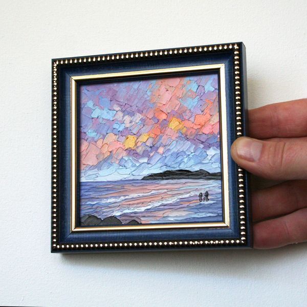 Florida Sunset Mini Oil Painting - Original Framed Seascape Art 4x4 , Palette Knife Clouds Artwork
