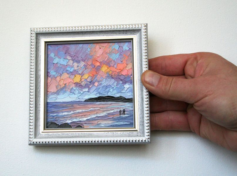 Florida Sunset Mini Oil Painting - Original Framed Seascape Art 4x4 , Palette Knife Clouds Artwork