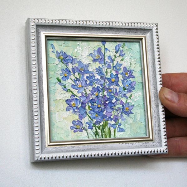 Framed small oil painting of blue flowers, original wall art
