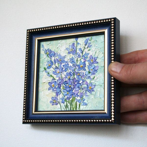original tiny oil painting, blue lflower impasto art