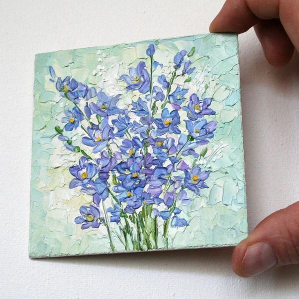 Small square painting of blue flowers original impasto oil art