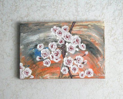 Cherry blossom painting, original  fluid art background, palette knife sakura flowers