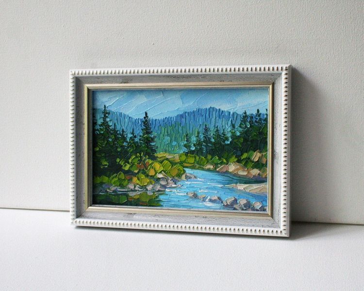 Mountain River Mini Oil Painting: California Landscape Original Art, Impasto, Palette Knife