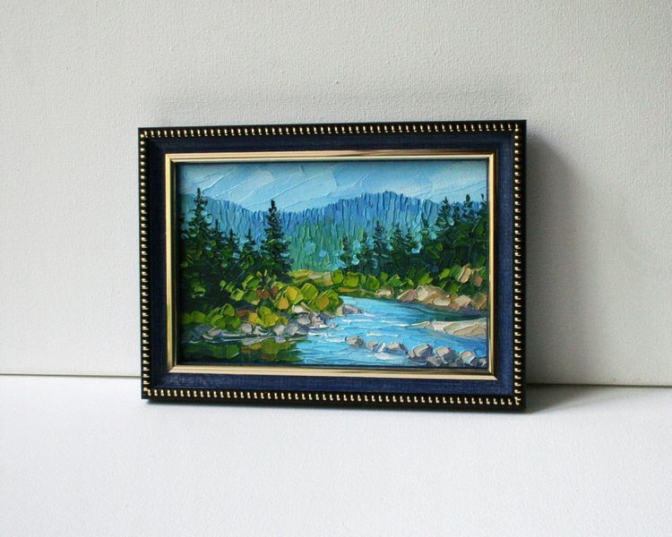 Mountain River Mini Oil Painting: California Landscape Original Art, Impasto, Palette Knife