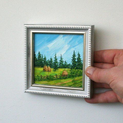 original 4x4 impasto mini oil painting of a rustic landscape