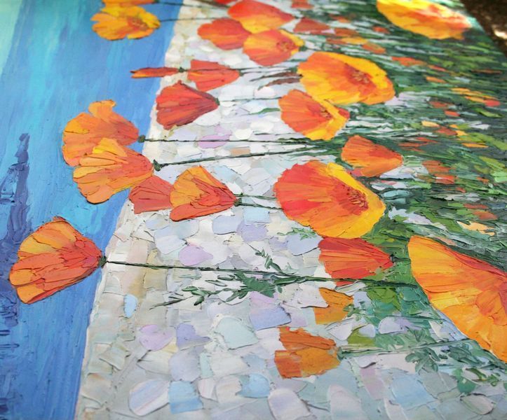 Orange California poppies close-up, impasto texture palette knife oil painting