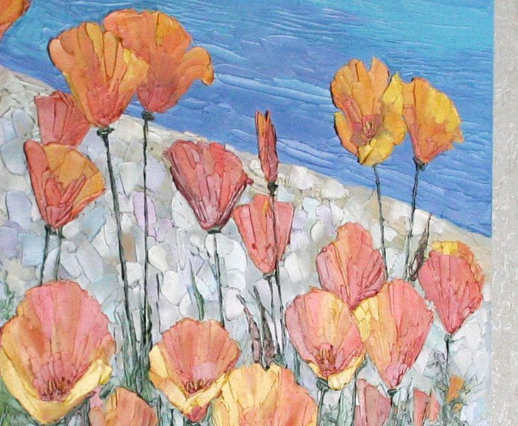 Heavy impasto texture of a poppy painting, close-up of palette knife oil strokes on large landscape canvas.