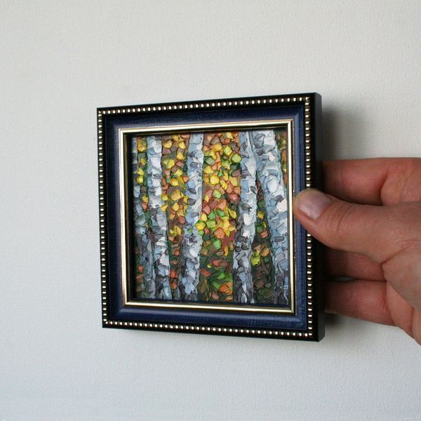 Tiny autumn artwork, Vermont birch tree impasto oil painting palette knife on hard panel