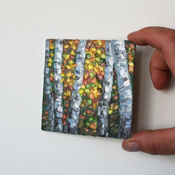 Vermont birch tree painting, tiny autumn artwork impasto mini oil painting original