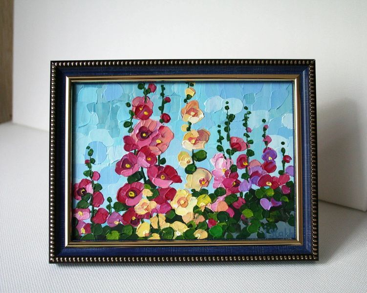 Framed Mini Painting of Hollyhocks 4x6, Original Ukrainian Art for Shelf or Wall Gallery