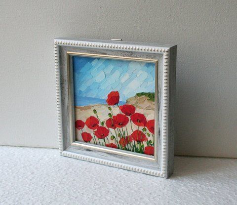 Original poppy field painting, framed miniature landscape, impasto palette knife art by Iryna Stakhiv.