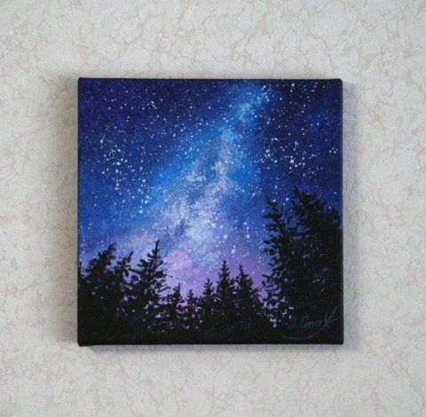 Night sky painting with Milky Way and forest silhouette, original acrylic art by Iryna Stakhiv