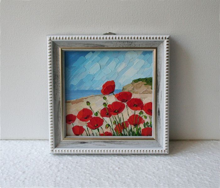 Poppy field miniature painting in frame &mdash; original impasto palette knife art 4x4