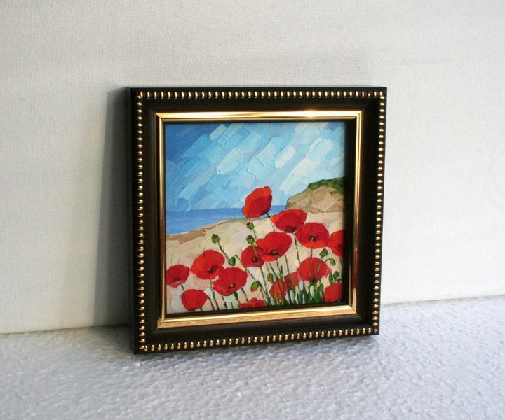 poppy painting, Impasto oil art, framed miniature 4x4 of poppy field