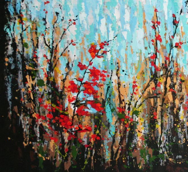 Detail of original acrylic painting on canvas &mdash; golden autumn trees, abstract Vermont landscape
