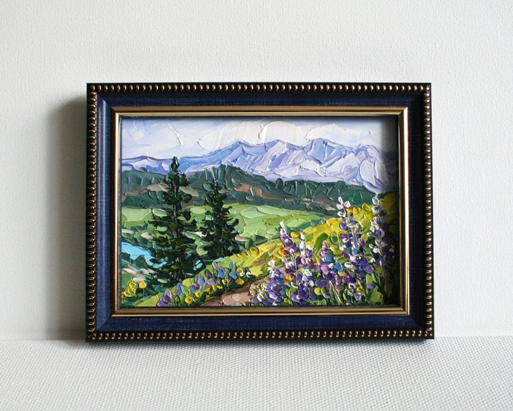 Original framed mini oil painting mountain wildflowers, Okanogan-Wenatchee National Forest artwork