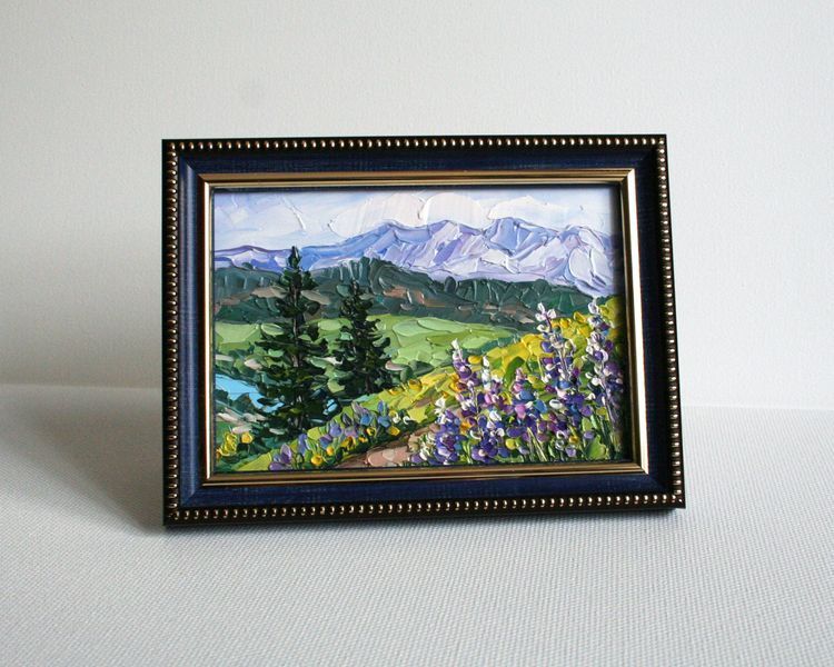 palette knife painting 4x6 framed mountain landscape, impasto art by Iryna Stakhiv