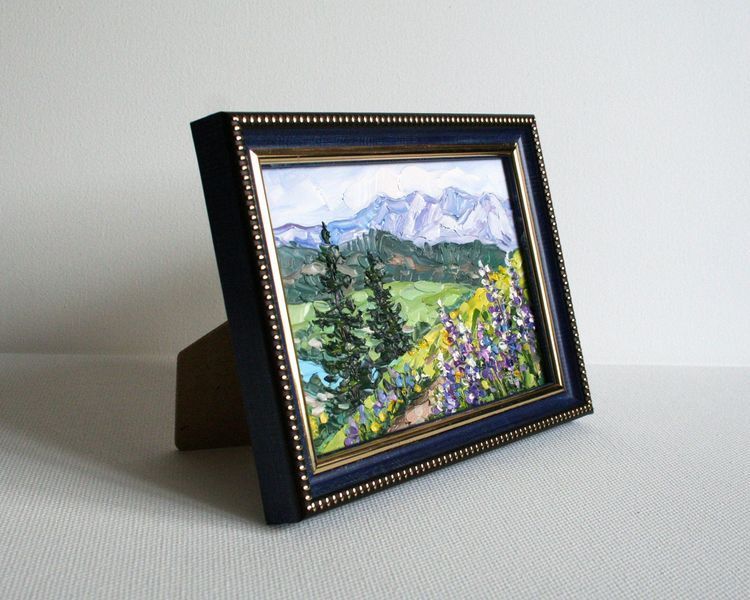 Sauer's Mountain Washington state oil painting, impasto wildflower landscape palette knife technique