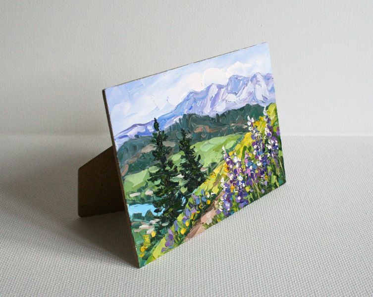 Original mini oil painting Washington mountains and wildflowers, small framed wall art gift idea