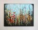 Vermont painting of abstract autumn landscape, trees with red leaves and blue sky, original large wall art