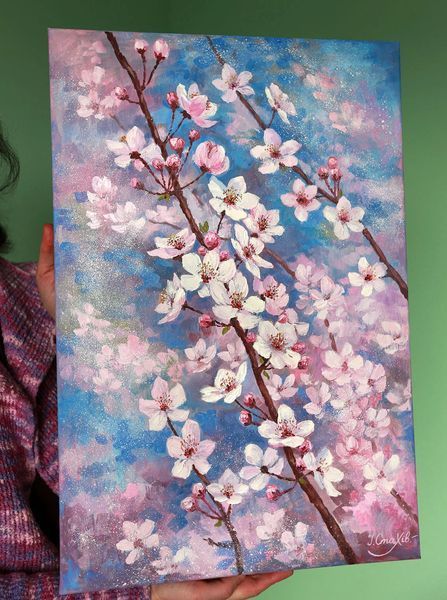 Cherry Blossom Painting on canvas &mdash; original sakura art, impasto spring painting, signed by Iryna Stakhiv