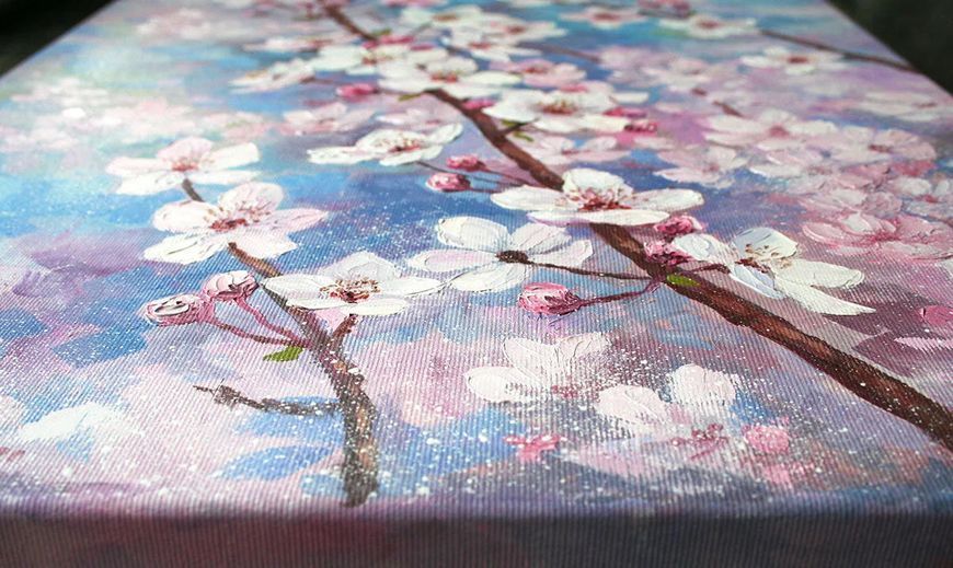 Original spring painting on canvas &mdash; cherry blossom sakura art, above bed wall decor by Iryna Stakhiv