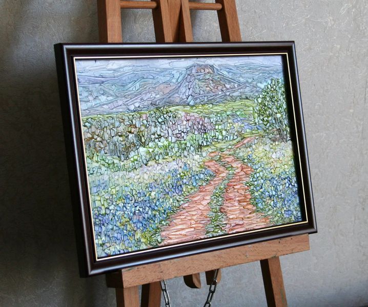 Framed original oil painting of Texas bluebonnets, palette knife textured artwork - landscape art gift by Iryna Stakhiv