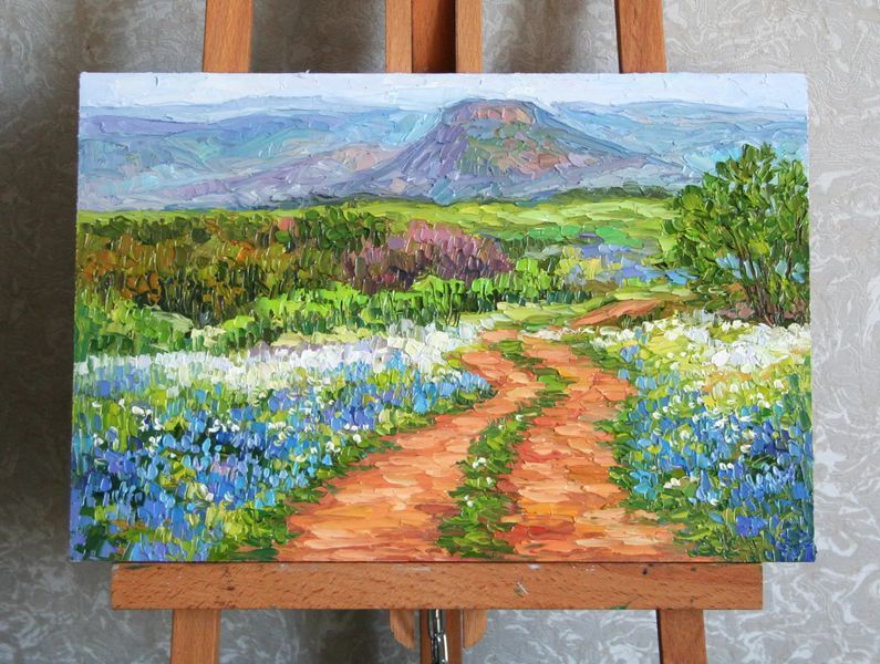 Texas Bluebonnet Palette Knife Painting: Impasto Oil Art, Spring Wildflowers