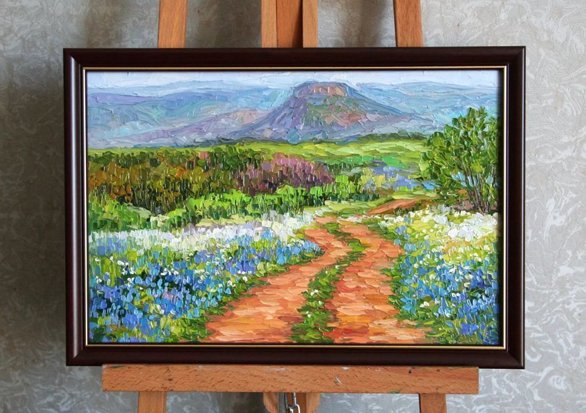 Original Texas bluebonnet painting, spring art 8x12, framed impasto oil painting