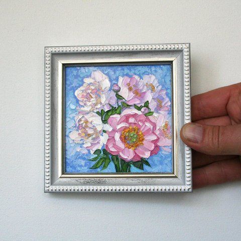 Peonies Mini Oil Painting, Framed Original Impasto Art, Textured Flower Gift for Her (Copy) - white frame