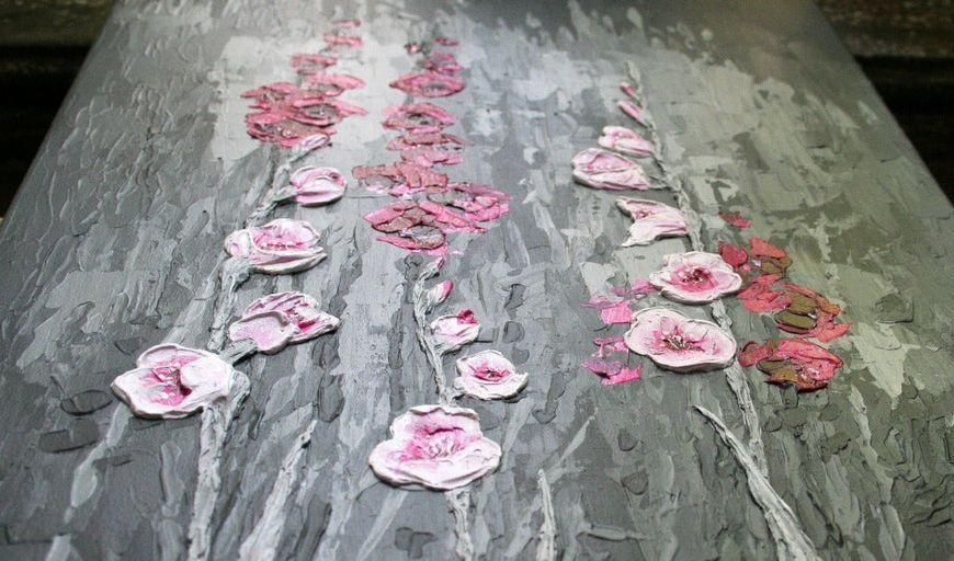Textured dark floral canvas art detail, gladiolus acrylic painting palette knife technique